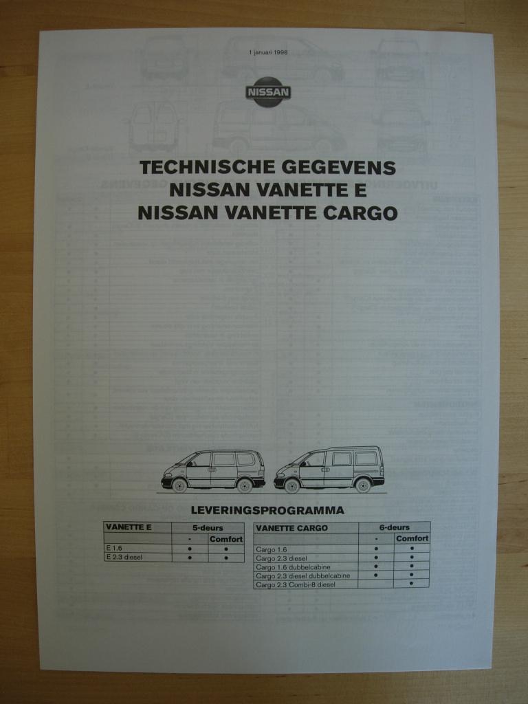 Nissan Vanette Brochure 1998, Nissan, Ophalen of Verzenden, Zo goed als nieuw, Nissan