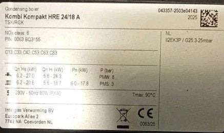 Intergas HRE 24/18 A(2026 -15.feb)CV-ketel met A-label pomp, Ophalen, Gebruikt, Cv-ketel of Combi-ketel, Hoog rendement (Hr)