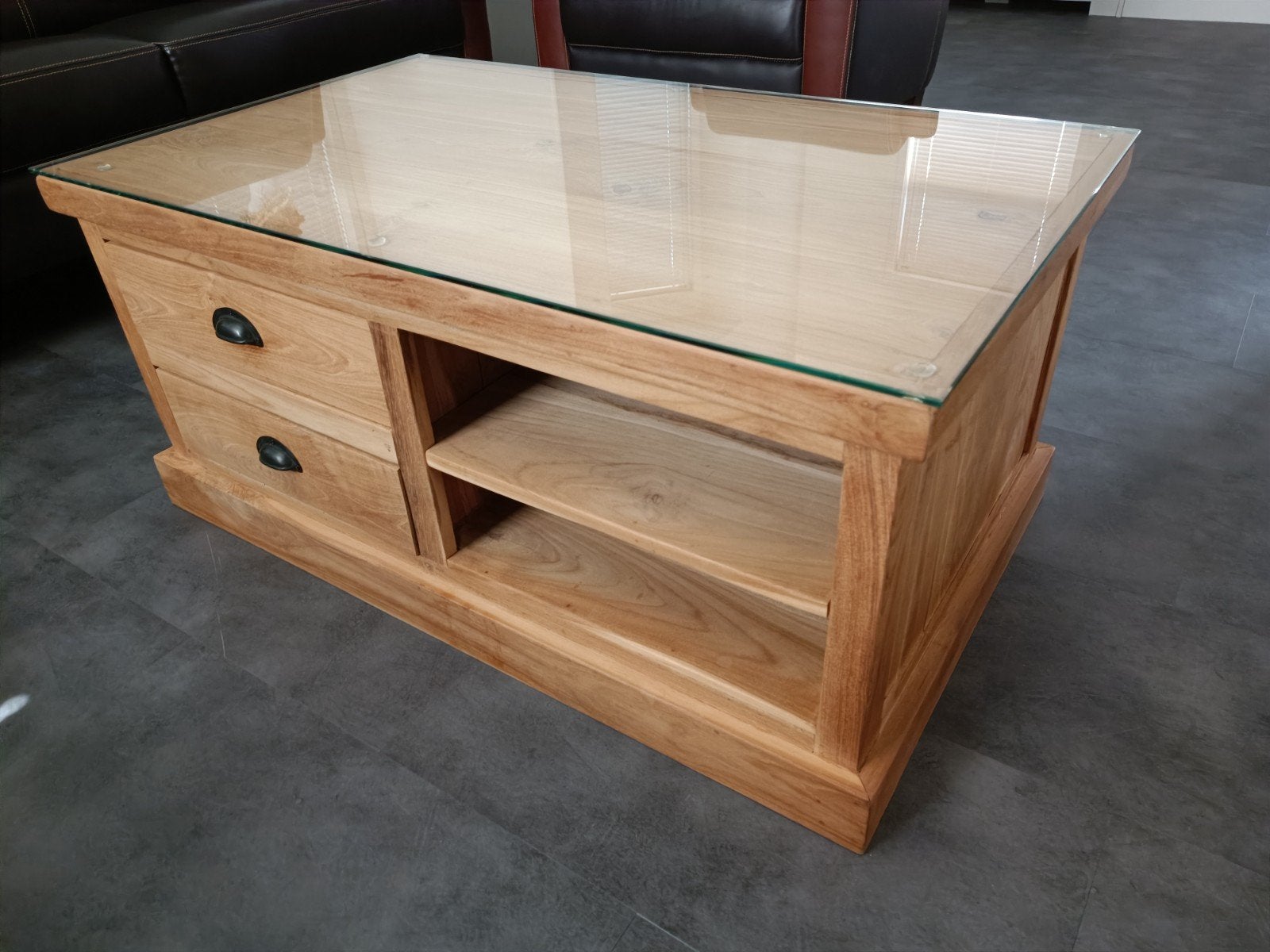 Salontafel met lades en glazen blad, Huis en Inrichting, Tafels | Salontafels, Ophalen, Gebruikt, 50 tot 100 cm, 100 tot 150 cm