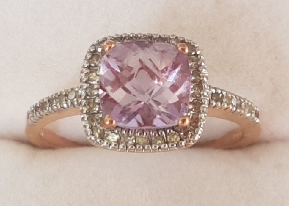 Hele mooie rose gouden ring met amethist en rondom diamant, Verzenden, Zo goed als nieuw, 17 tot 18, Met edelsteen