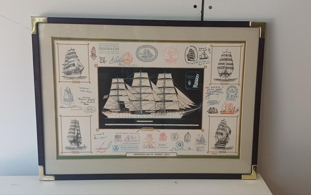 Vintage maritiem schilderij afbeelding poster in lijst, Antiek en Kunst, Kunst | Etsen en Gravures, Ophalen of Verzenden