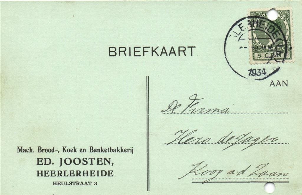 Ed. Joosten, Heerlerheide - 04.1934 - briefkaart, Postzegels en Munten, Ophalen of Verzenden, Briefkaart