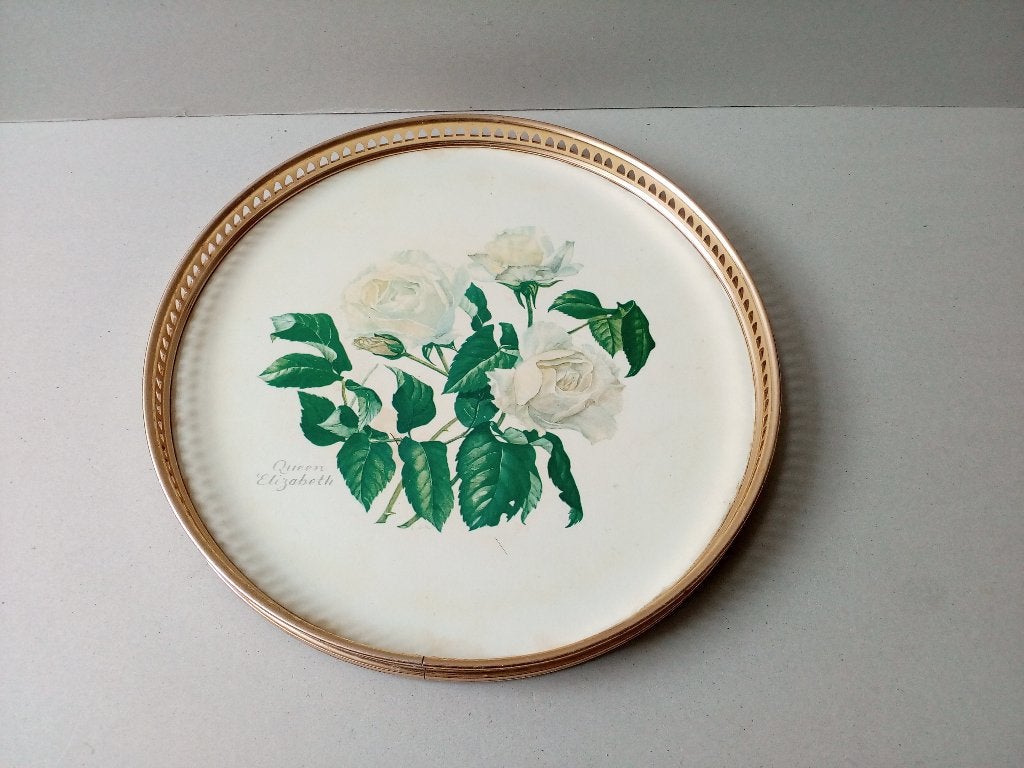 Vintage dienblad met afbeelding rozen., Overige materialen, Gebruikt, Rond, Ophalen of Verzenden