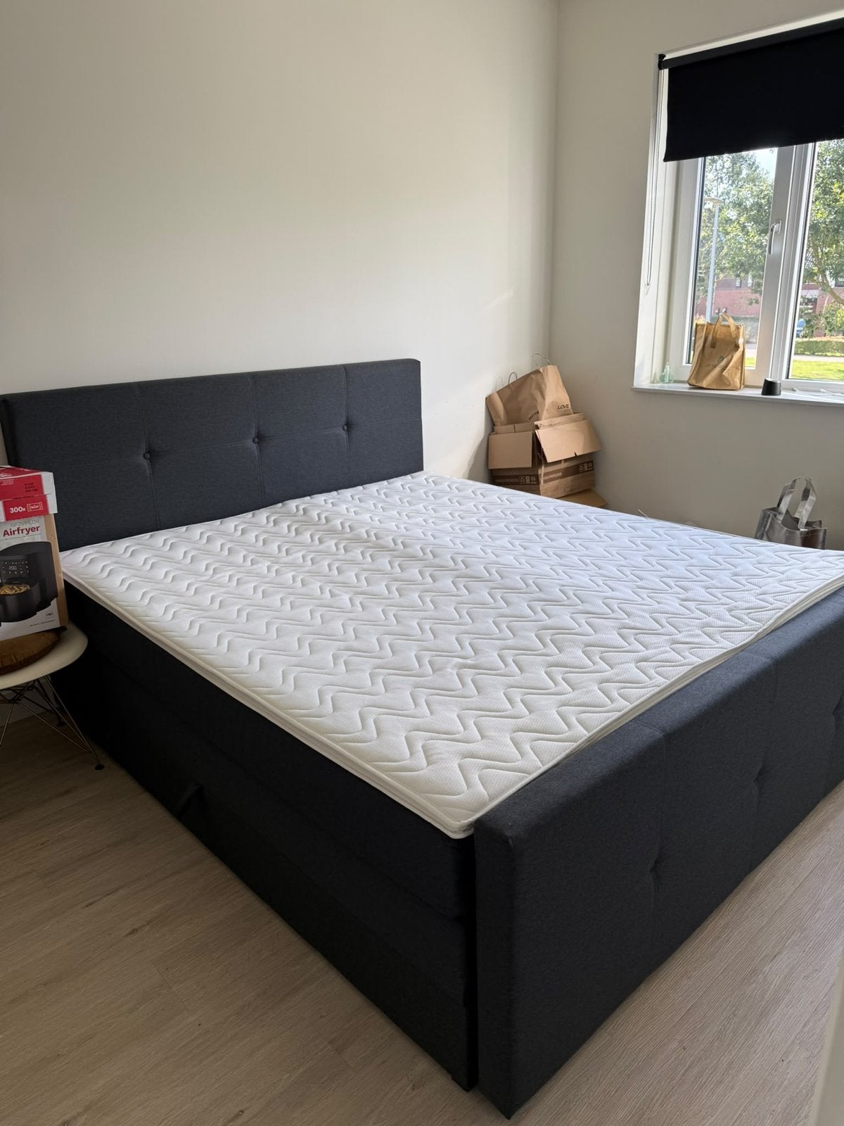 Boxspring antraciet 180x200 incl. Hoofd, voetbord en topper, Ophalen, Tweepersoons, Zo goed als nieuw, 180 cm