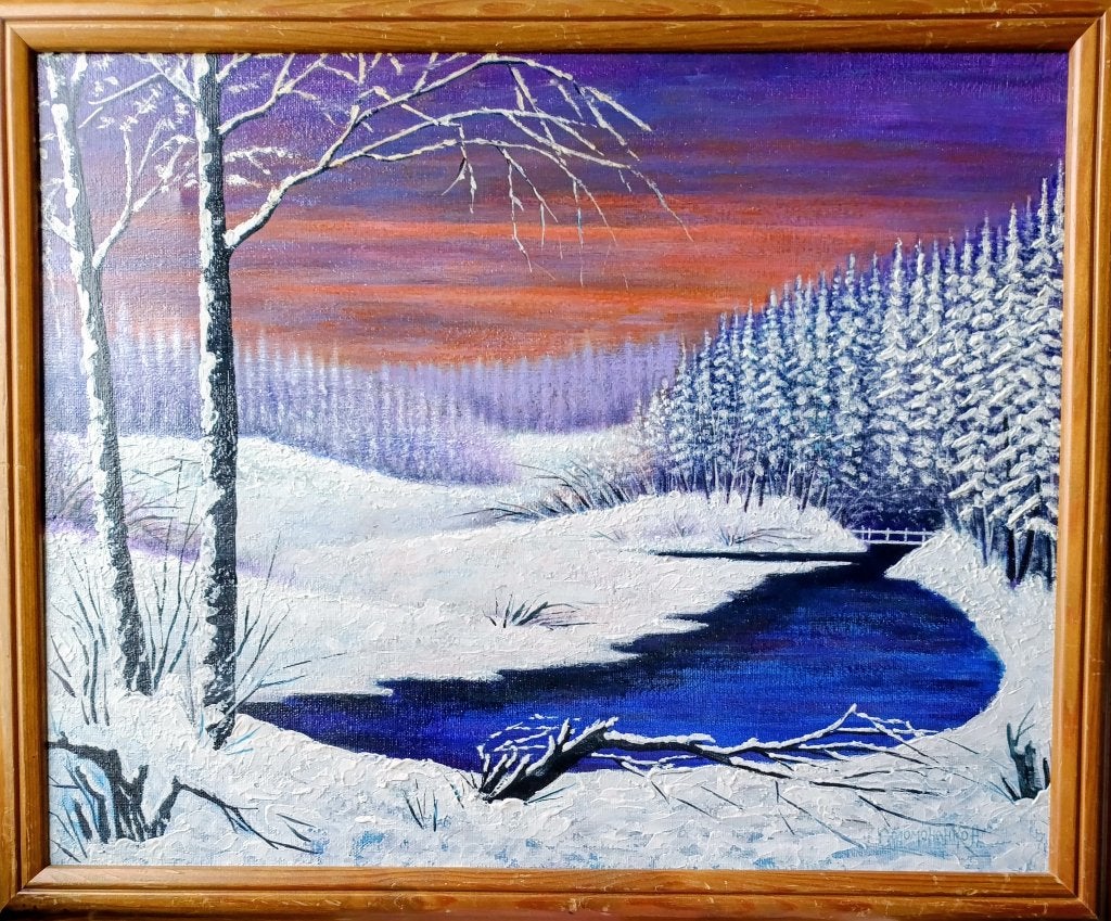 Schilderij Winterlandschap met rivier en besneeuwde bomen, Landschap, Gelimiteerde oplage, Ophalen of Verzenden, Olieverf