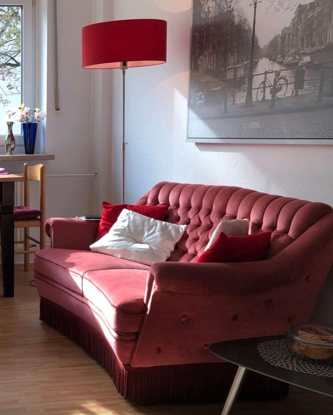 Roze Vintage Bank met FRANJES velours retro barok queen ann, Antiek en Kunst, Ophalen
