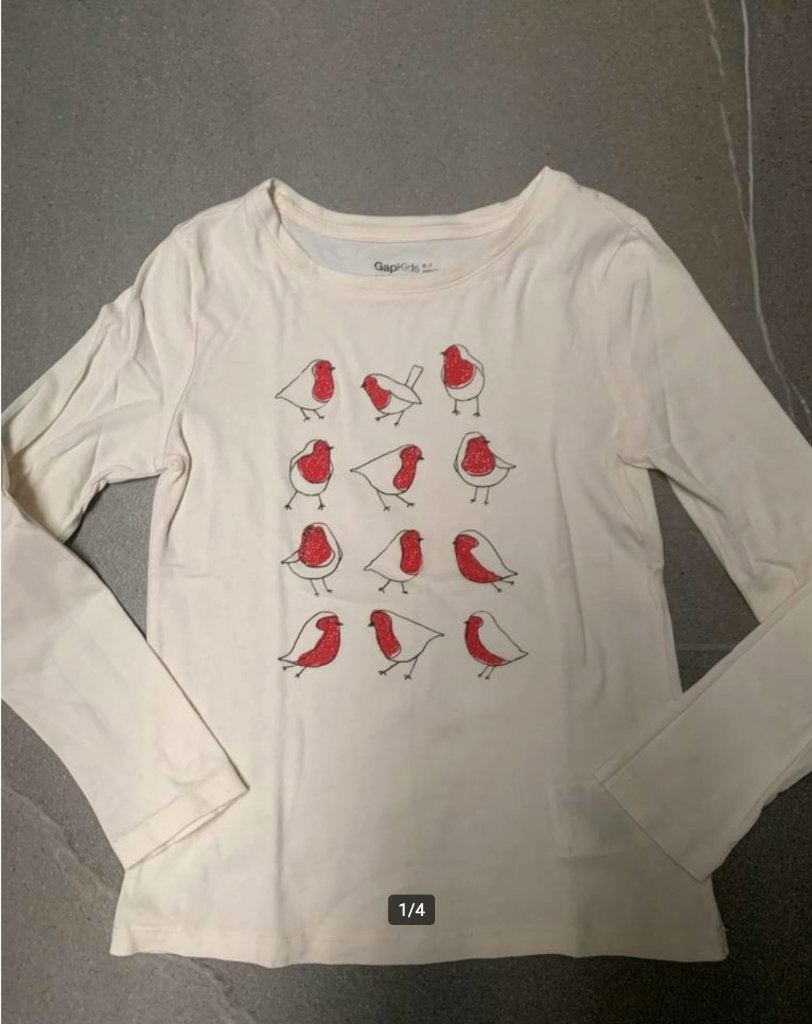 GAP | Longsleeve crèmewit met roodborstjes | 6-7 jr, 116-122, Meisje, Ophalen of Verzenden, Zo goed als nieuw, Shirt of Longsleeve