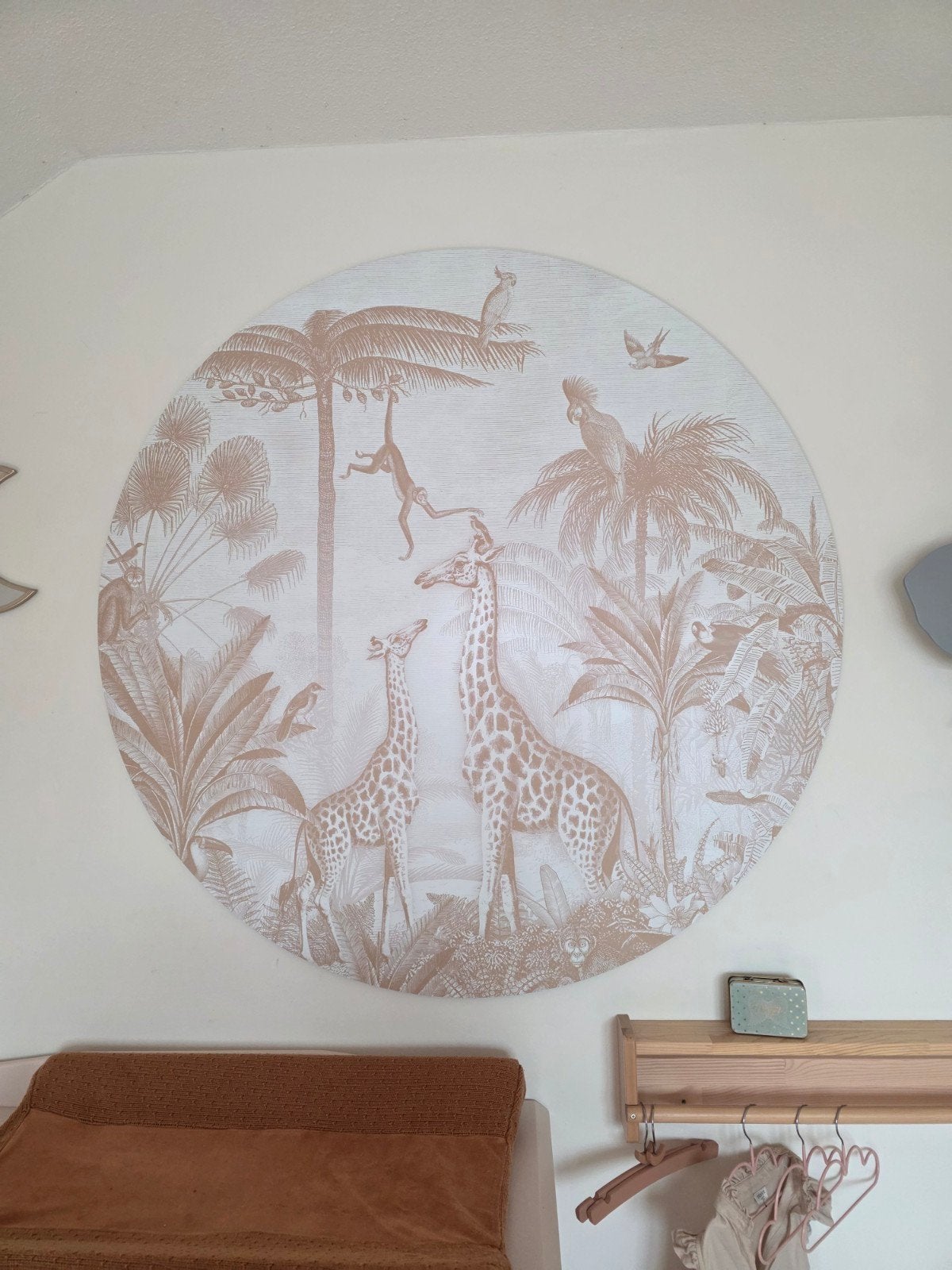'Behang' cirkel Dibond pimpelmees giraf & slingeraapjes, Ophalen, Nieuw, Wanddecoratie