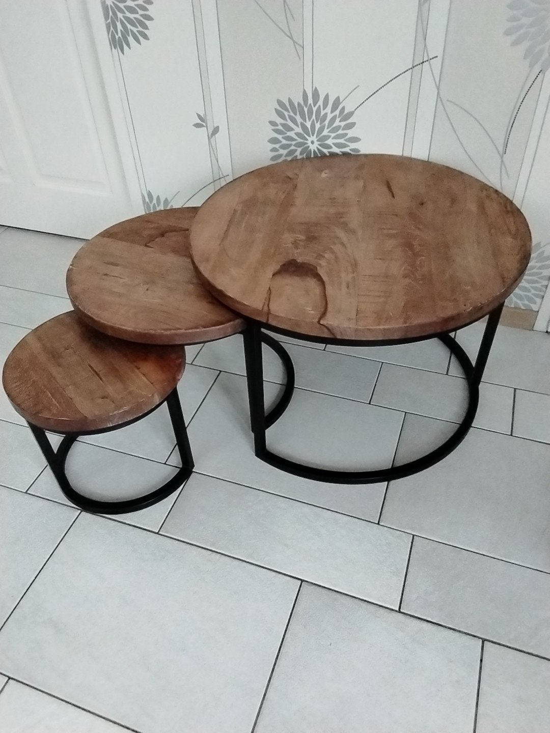Salontafel set van 3 - Hout en Metaal, Huis en Inrichting, Gebruikt, 50 tot 100 cm, Rond, 50 tot 100 cm