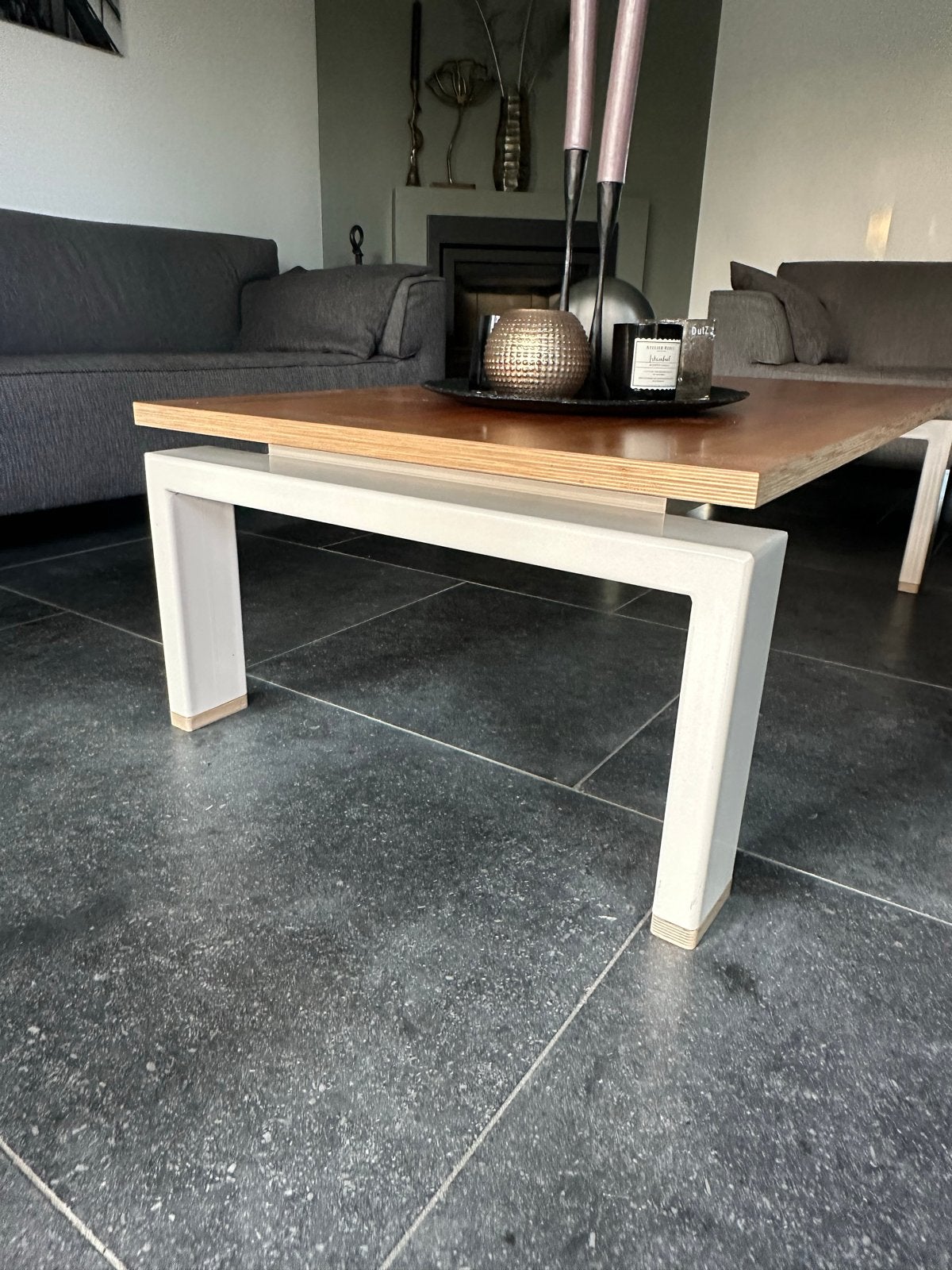 Salontafel maatwerk eiken fineer met stalen onderstel, Ophalen, 100 tot 150 cm, Eikenhout, 50 tot 100 cm