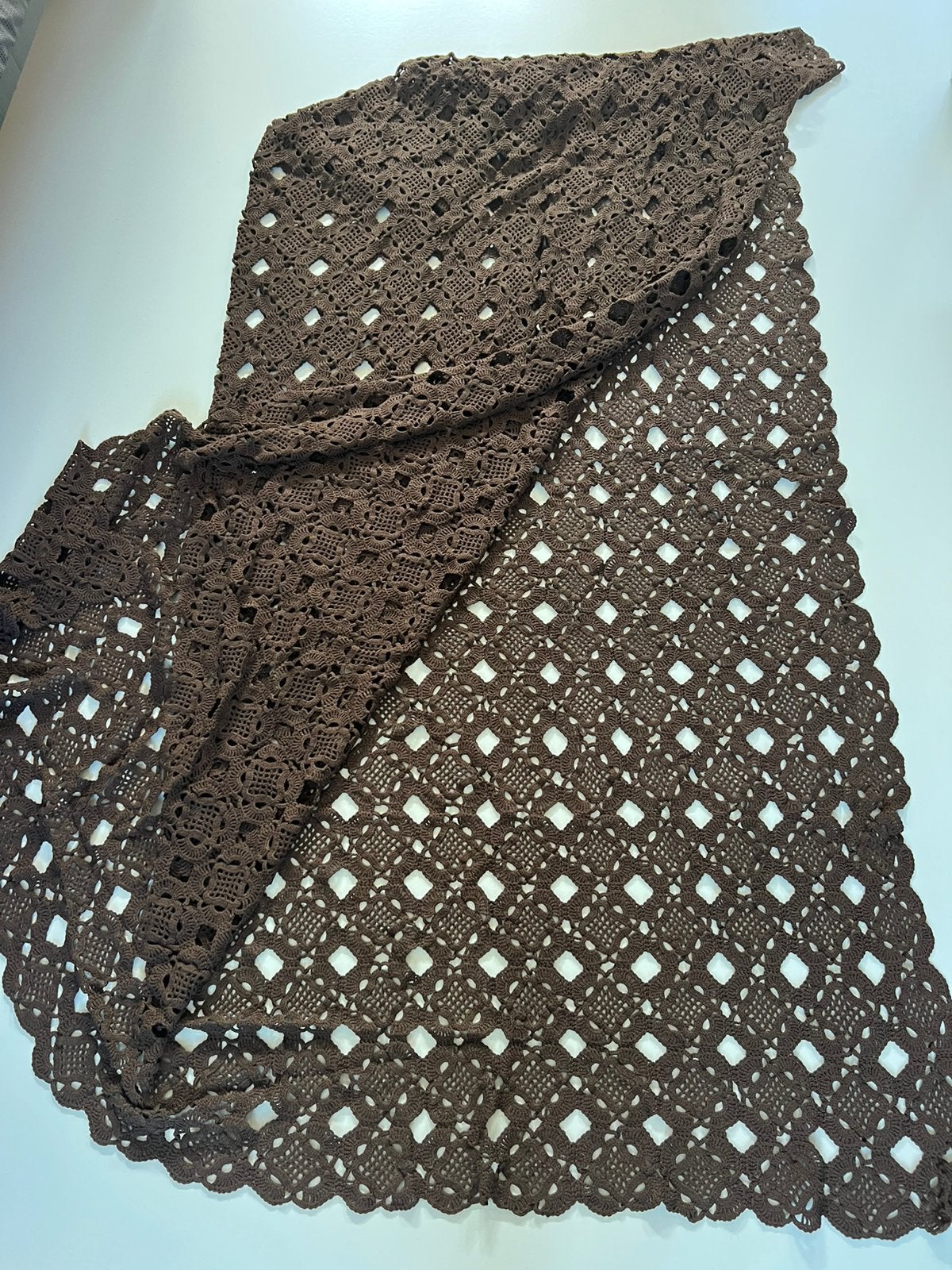 Vintage bedsprei tafelkleed bruin katoen handwerk gehaakt, Ophalen of Verzenden