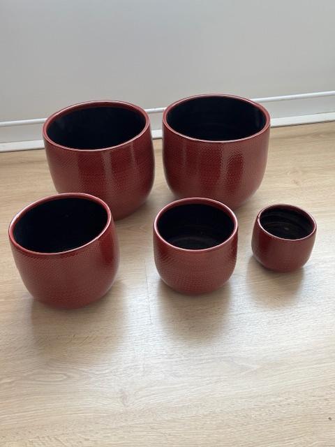 5 handgemaakte bloempotten kleur bordeaux, Ophalen, Rond, Zo goed als nieuw, Balkon
