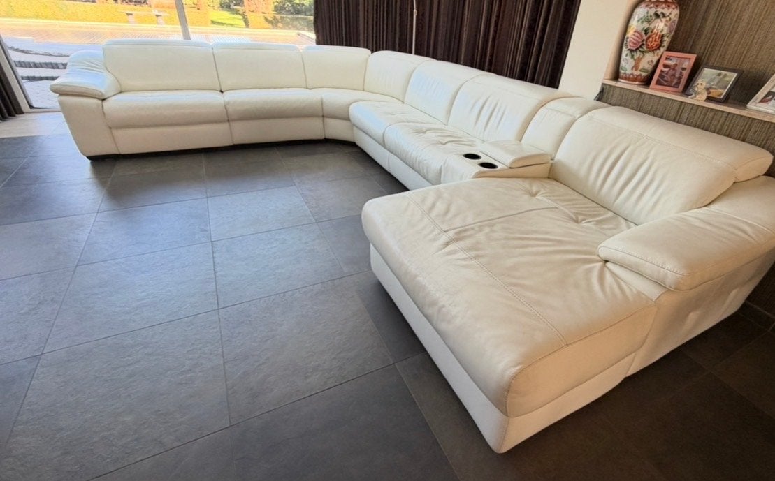 Luxe witte lederen hoekbank met relaxfunctie, Ophalen, 100 tot 125 cm, Hoekbank, 300 cm of meer