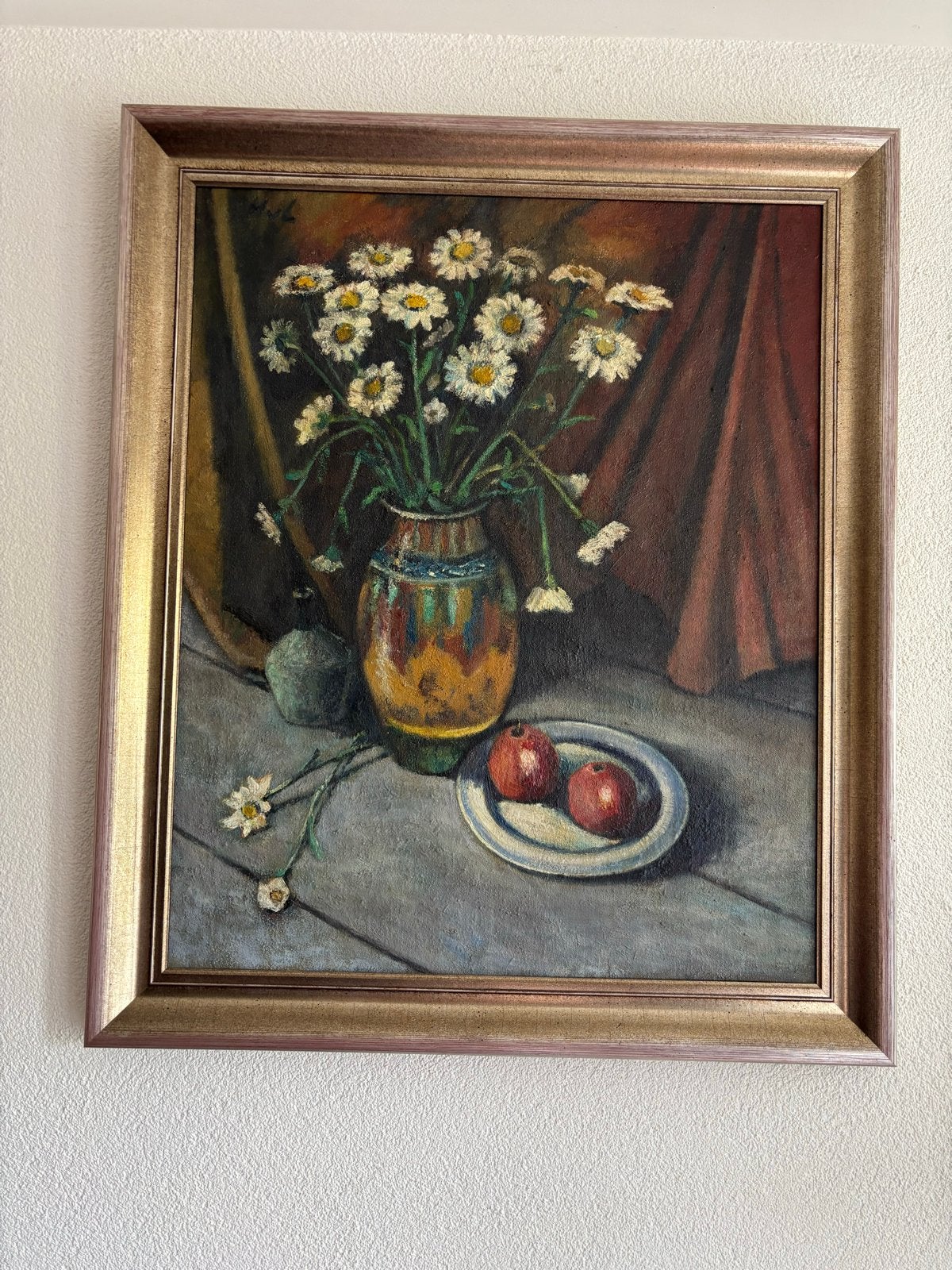 Stilleven met madeliefjes en appels, gesigneerd Huub van Baa, Ophalen, Doek, Realistisch, Stilleven