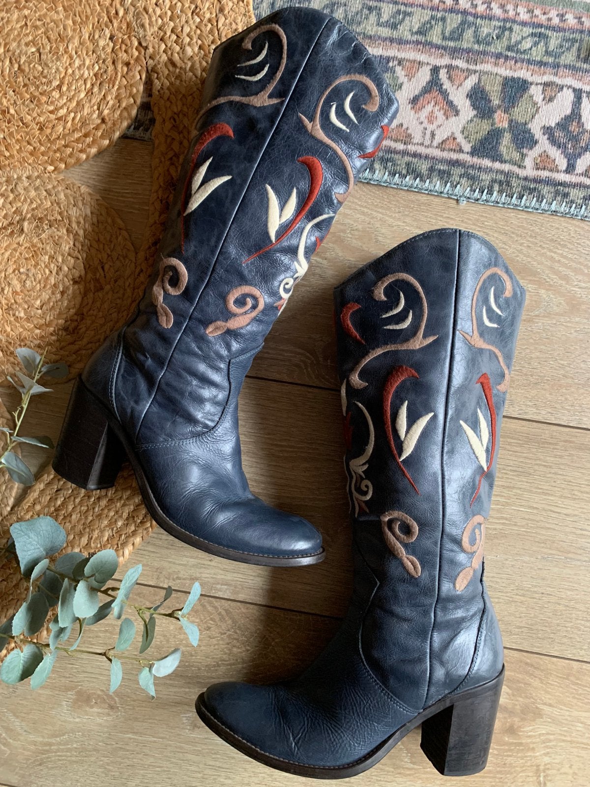 Flowerboots met hak en rits 39, Hoge laarzen, -, Blauw, -
