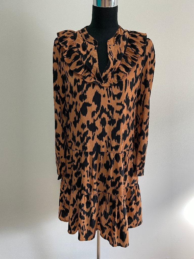 J43 - Zwart-bruine Smashed Lemon jurk maat M-38 (1), Kleding | Dames, Jurken, Zo goed als nieuw, Maat 38/40 (M), Zwart, Onder de knie