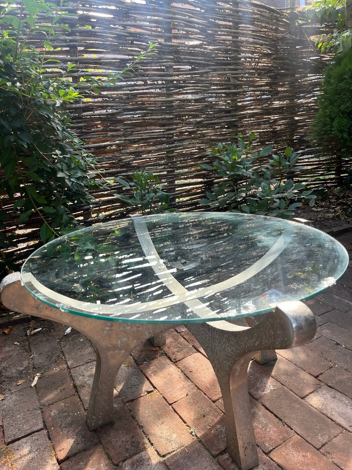 Glazen salontafel buiten, Huis en Inrichting, Tafels | Salontafels, Ophalen, Gebruikt, 100 tot 150 cm, Rond