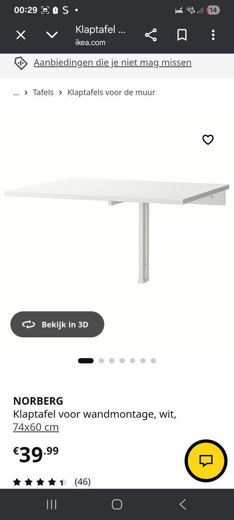 Witte Klaptafel voor Wandmontage - NORBERG IKEA, Modern, minimalistisch, ruimtebesparend, 50 tot 100 cm, Tot twee personen, Zo goed als nieuw