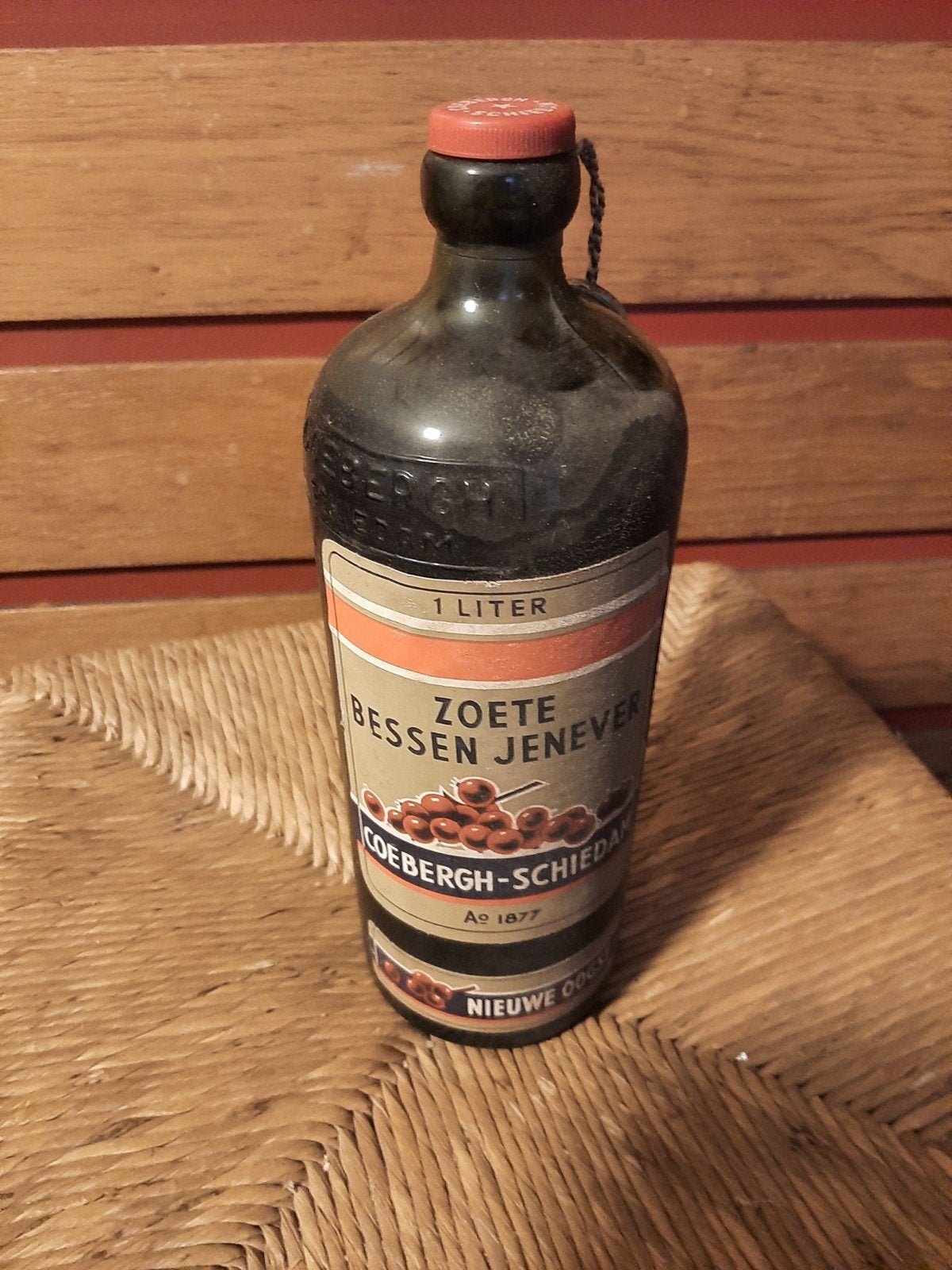 Oude Coebergh Schiedam Zoete Bessen Jenever fles 1 liter, Antiek en Kunst, Ophalen of Verzenden