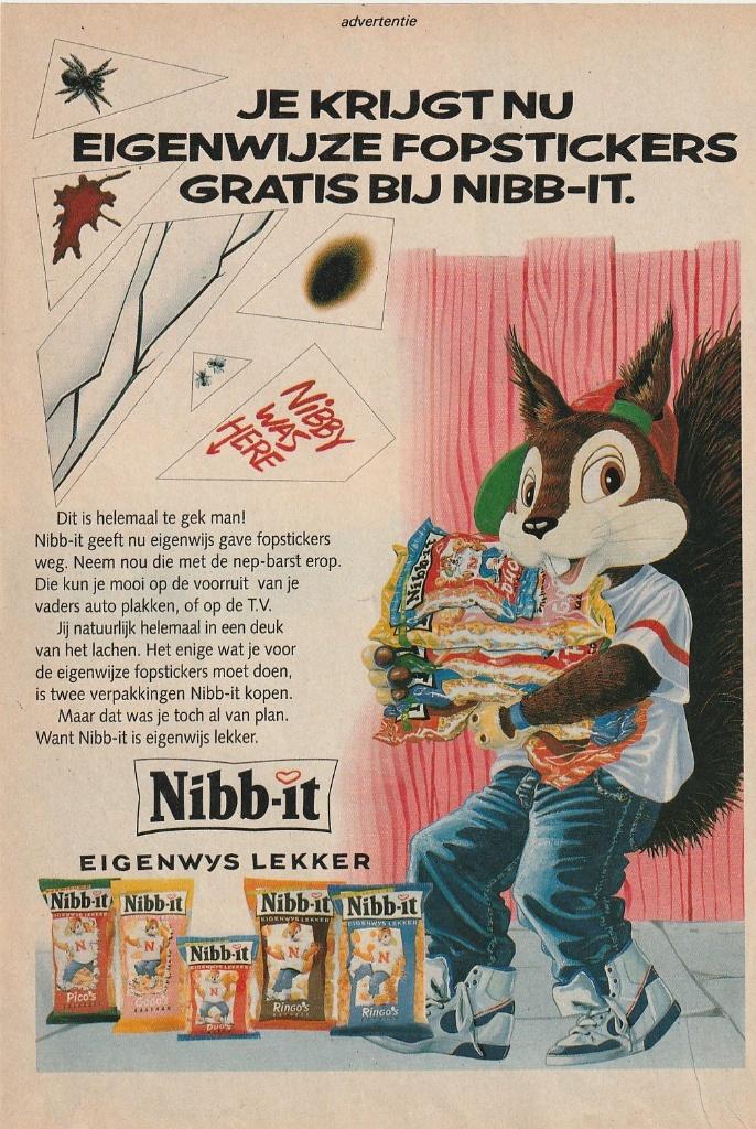 Retro reclame 1992 Nibb-it chips nu met fopstickers, Verzenden, Overige typen