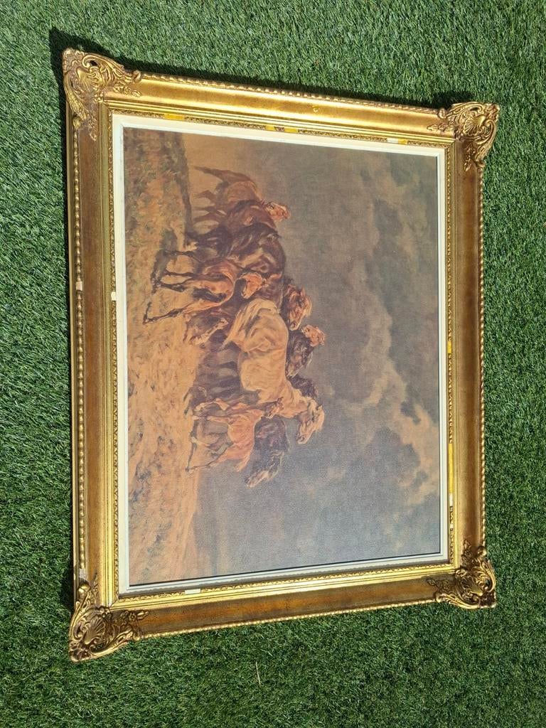 Schilderij met paarden in goud vergulde lijst, Ophalen of Verzenden