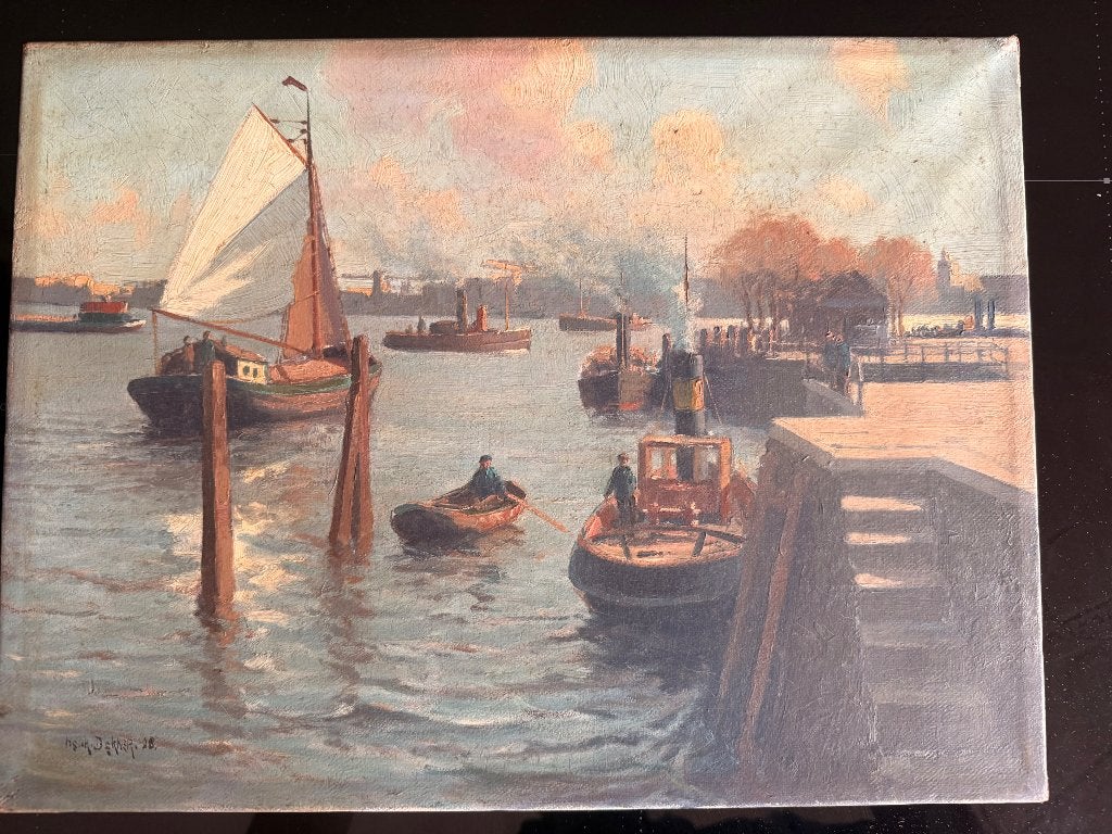 olieverfschilderij Henk Dekker (1928) - Havengezicht, Ophalen, Maritiem / water, Doek, Impressionistisch