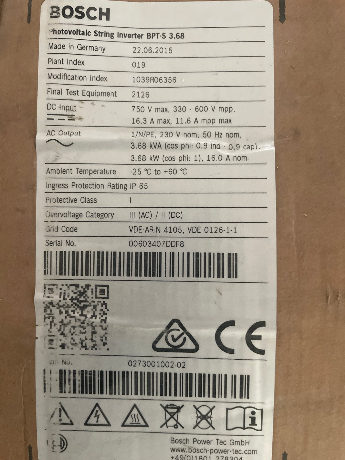 Bosch Photovoltaic String Inverter BPT-S 3.68, Ophalen, Nieuw, Overige typen, 200 wattpiek of meer