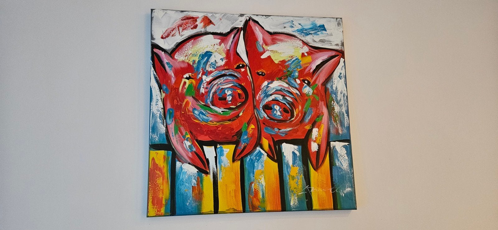 Vrolijk schilderij van twee varkens, Ophalen of Verzenden