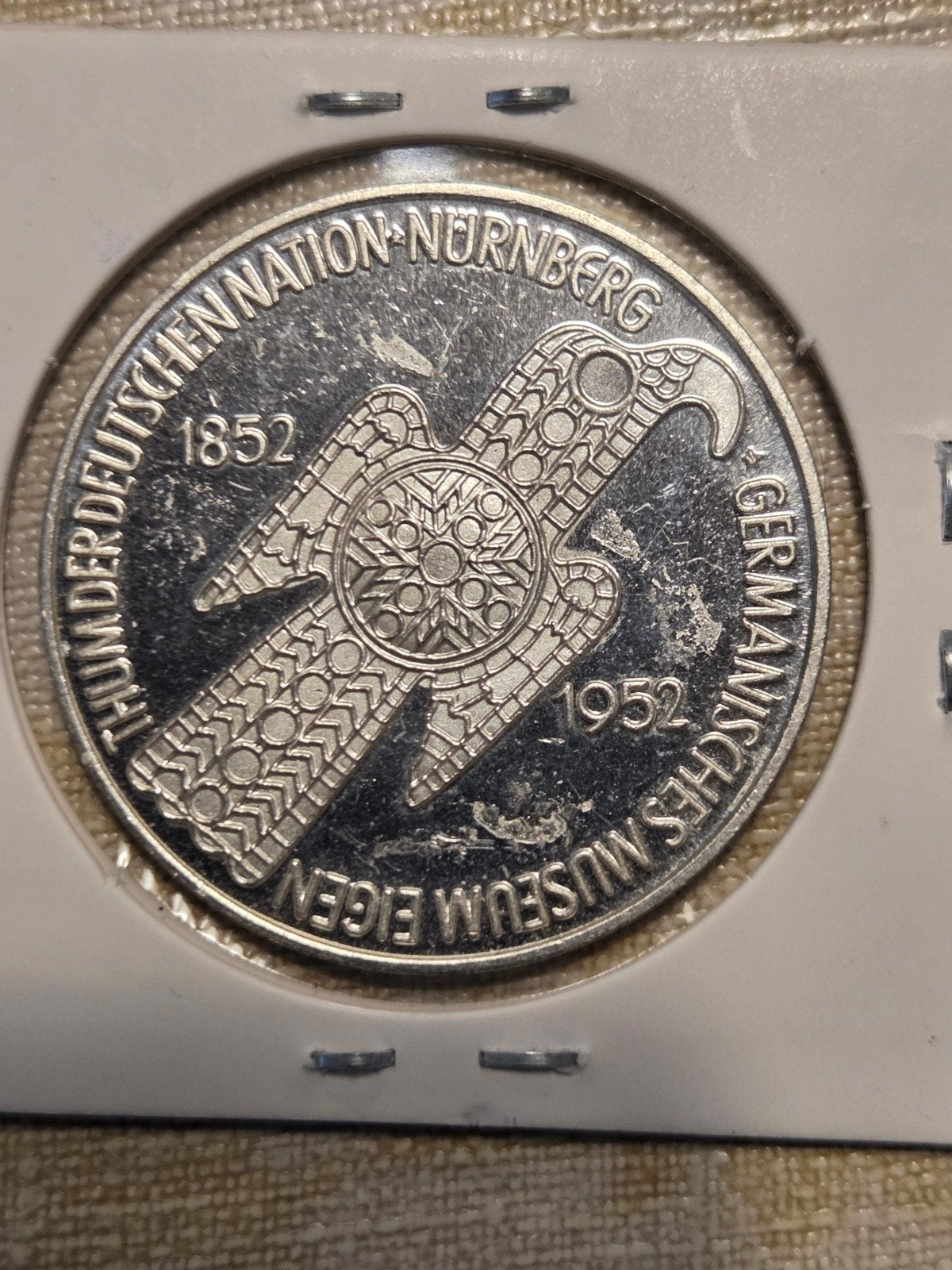 Zilveren munt 1852-1952 Germaans Museum Neurenberg, Ophalen of Verzenden