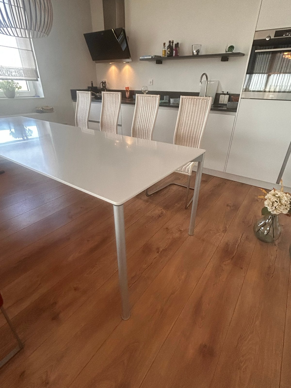 Eettafel 260x90cm met Interlübke onderstel Corian blad, Ophalen, Gebruikt, 200 cm of meer, 50 tot 100 cm