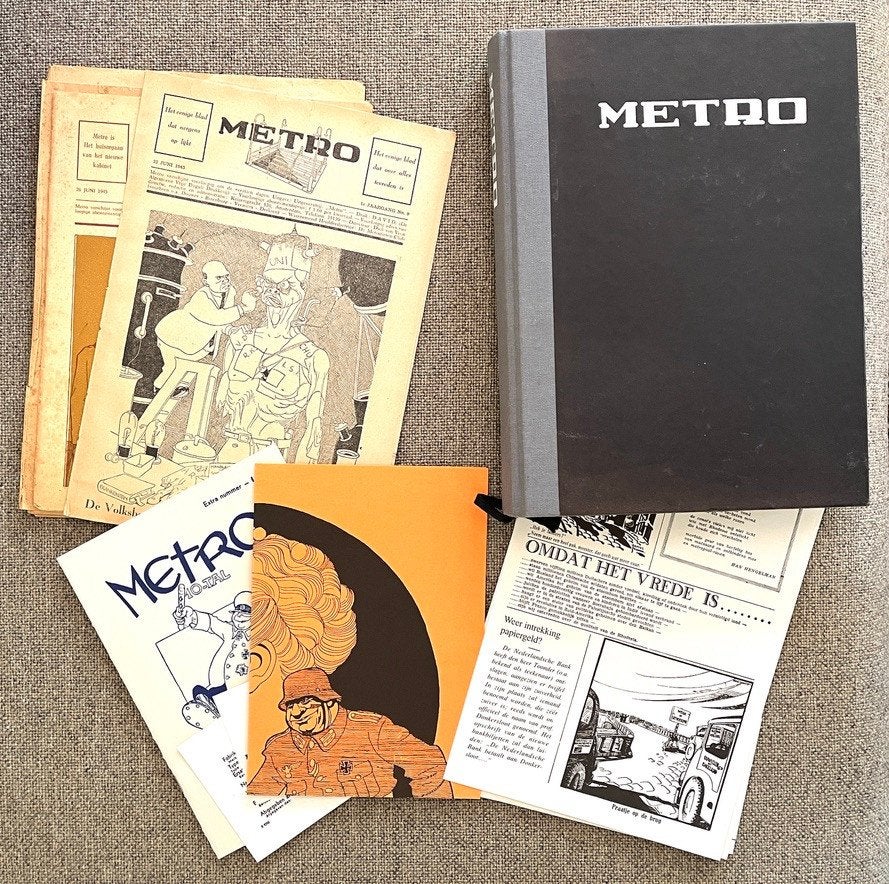 Satirisch tijdschrift Metro: 8 edities uit 1945, en boek, Ophalen of Verzenden, Tweede Wereldoorlog, Gelezen