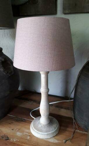 Tafellampje <> HOUTEN voet Linnen ROZE Kapje <> Hoog 40 cm., Met schakelaar, E14 (klein), Ophalen of Verzenden, Zo goed als nieuw