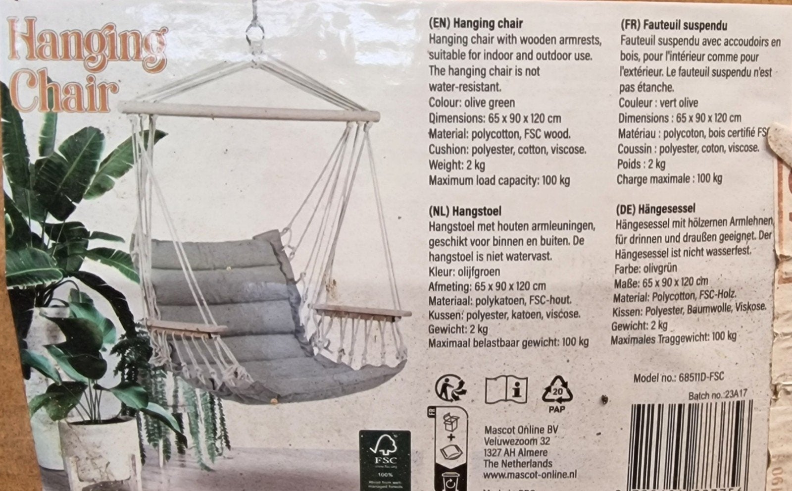 Nieuwe Hangstoel Olijfgroen met Houten Armleuningen, Ophalen, Nieuw, Hout