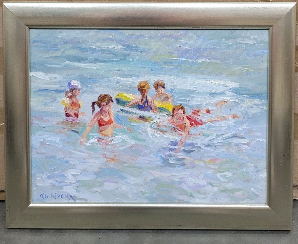 Albert RIGAUX, de gele zwemband, Doek, Impressionistisch, Ophalen of Verzenden, Olieverf