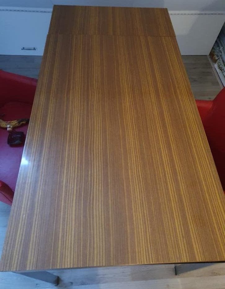 Houten uitschuiftafel met metalen frame, Ophalen, Zo goed als nieuw, Rechthoekig, 50 tot 100 cm