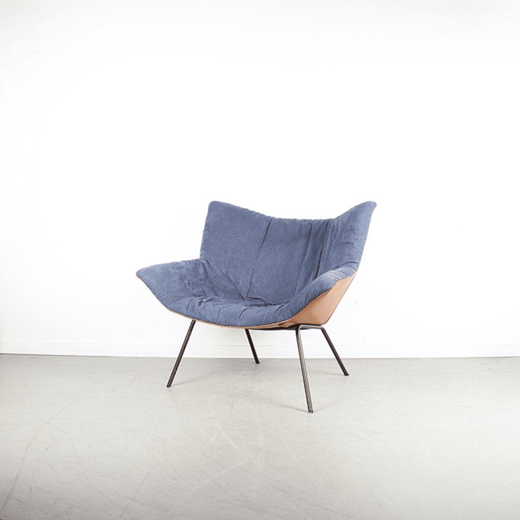 Label Gustav Fauteuil Blauw Stof/Cognac Leer - Staal, Niet ingevuld, Zo goed als nieuw, Niet ingevuld, Niet ingevuld