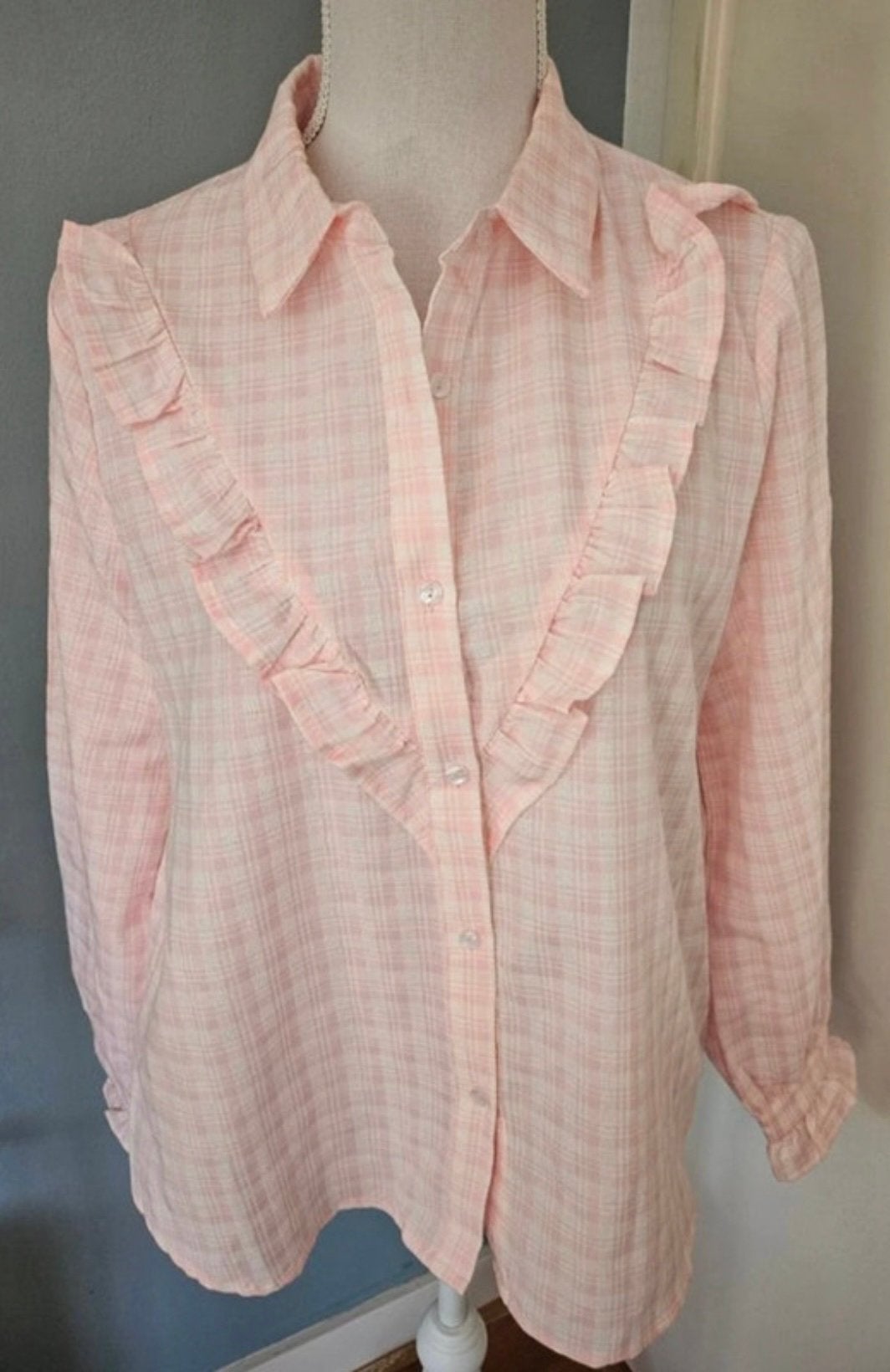 Roze wit geruite blouse met ruches, maat M, Ophalen of Verzenden, Zo goed als nieuw, Roze