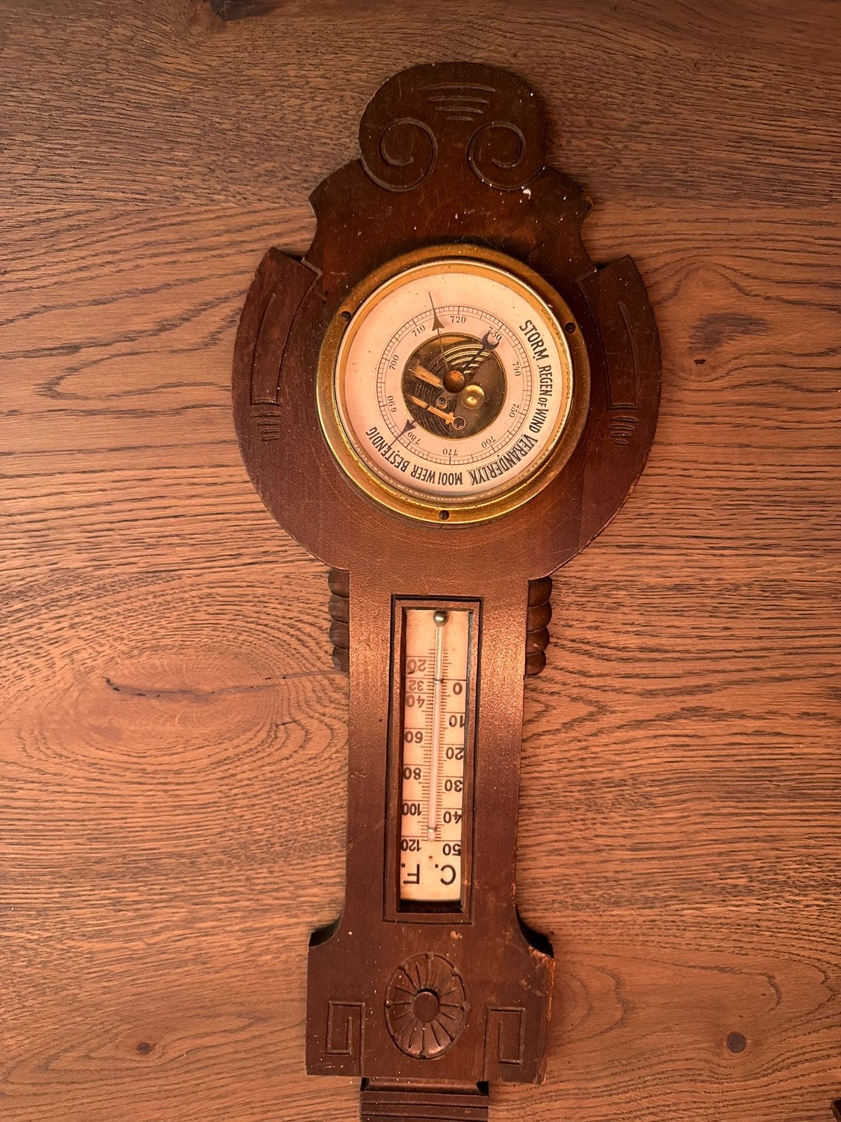 Antieke Barometer met Thermometer - Houtsnijwerk, Ophalen of Verzenden, Gebruikt, Barometer