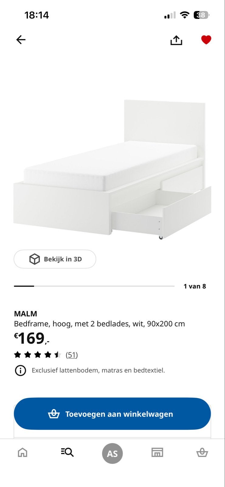 MALM Bedframe, hoog, met 2 bedlades, wit, 90x200 cm, Ophalen, 90 cm, Eenpersoons, Wit