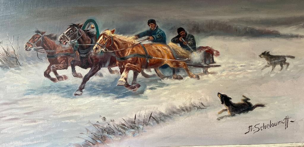 Schilderij wolven aanval van A Scheloumoff., Antiek en Kunst, Ophalen