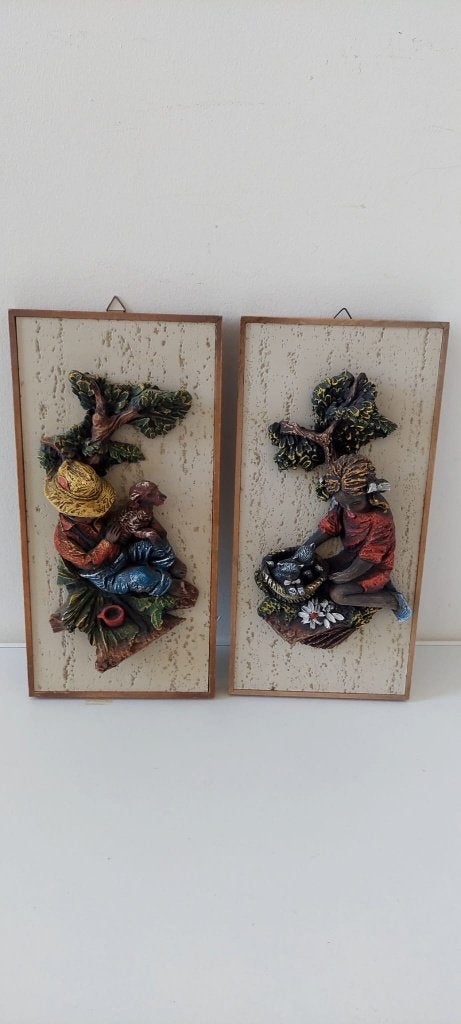 Vintage 3D wandreliëf schilderij set • JongenJaren 70 retro, Eu, Steen/keramiek, Ophalen of Verzenden, Zo goed als nieuw