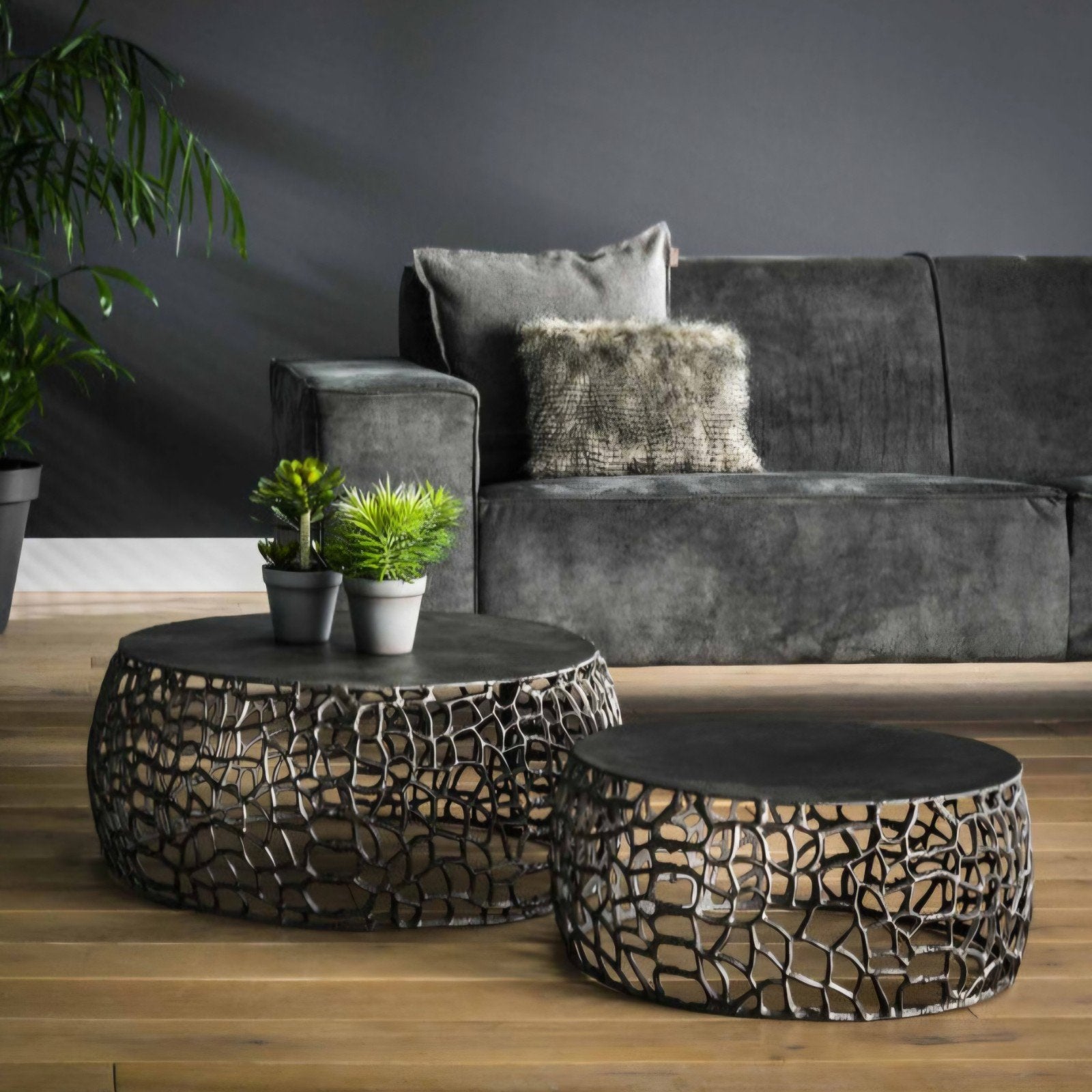 Set van 2 speelse salontafels - Zwart nikkel & aluminium, Huis en Inrichting, Tafels | Salontafels, Ophalen, Overige materialen