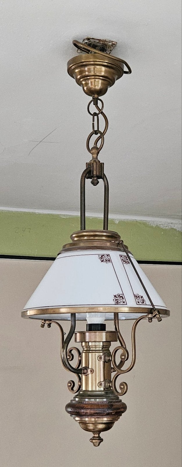 Antieke Messing Hanglamp met Melkglas Kap, Ophalen
