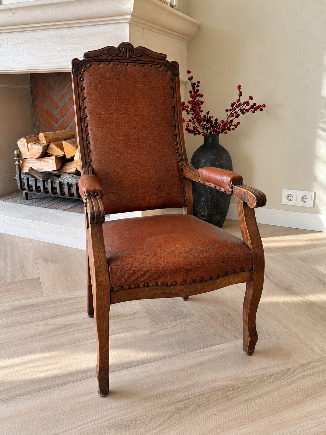 Antieke Voltaire Kinderfauteuil - Eiken & Leer, Ophalen