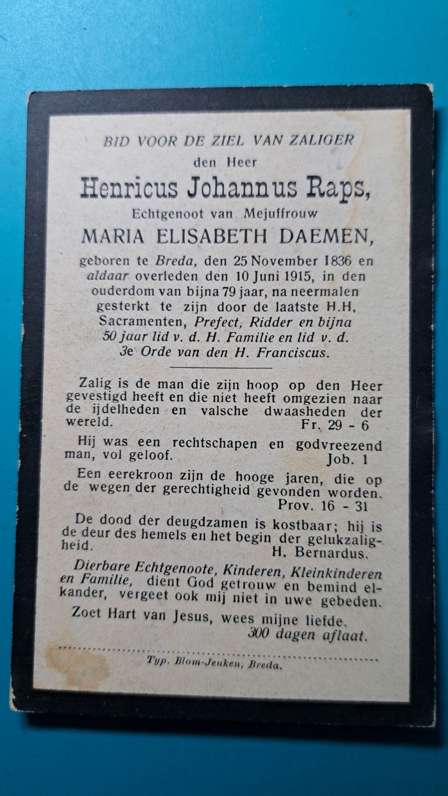 Henricus Johannus Raps, Breda 1836, + 1915, 79 jaar, Verzenden, Bidprentje