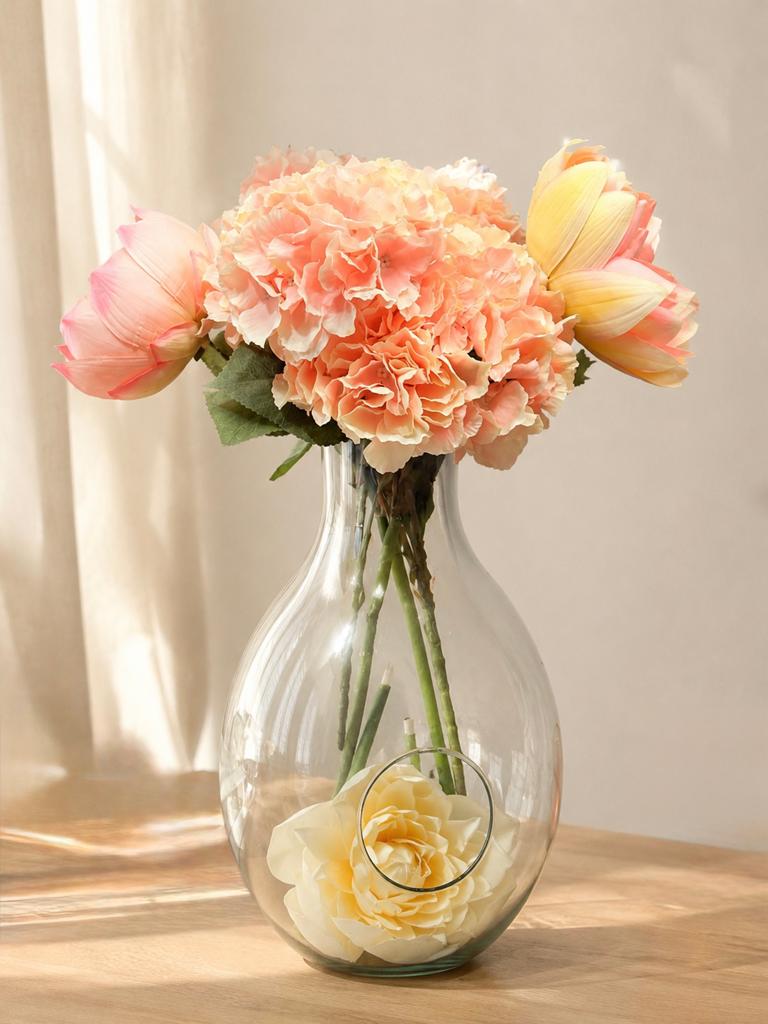 Grote glazen vaas inclusief kunst bloemen, Ophalen, Zo goed als nieuw
