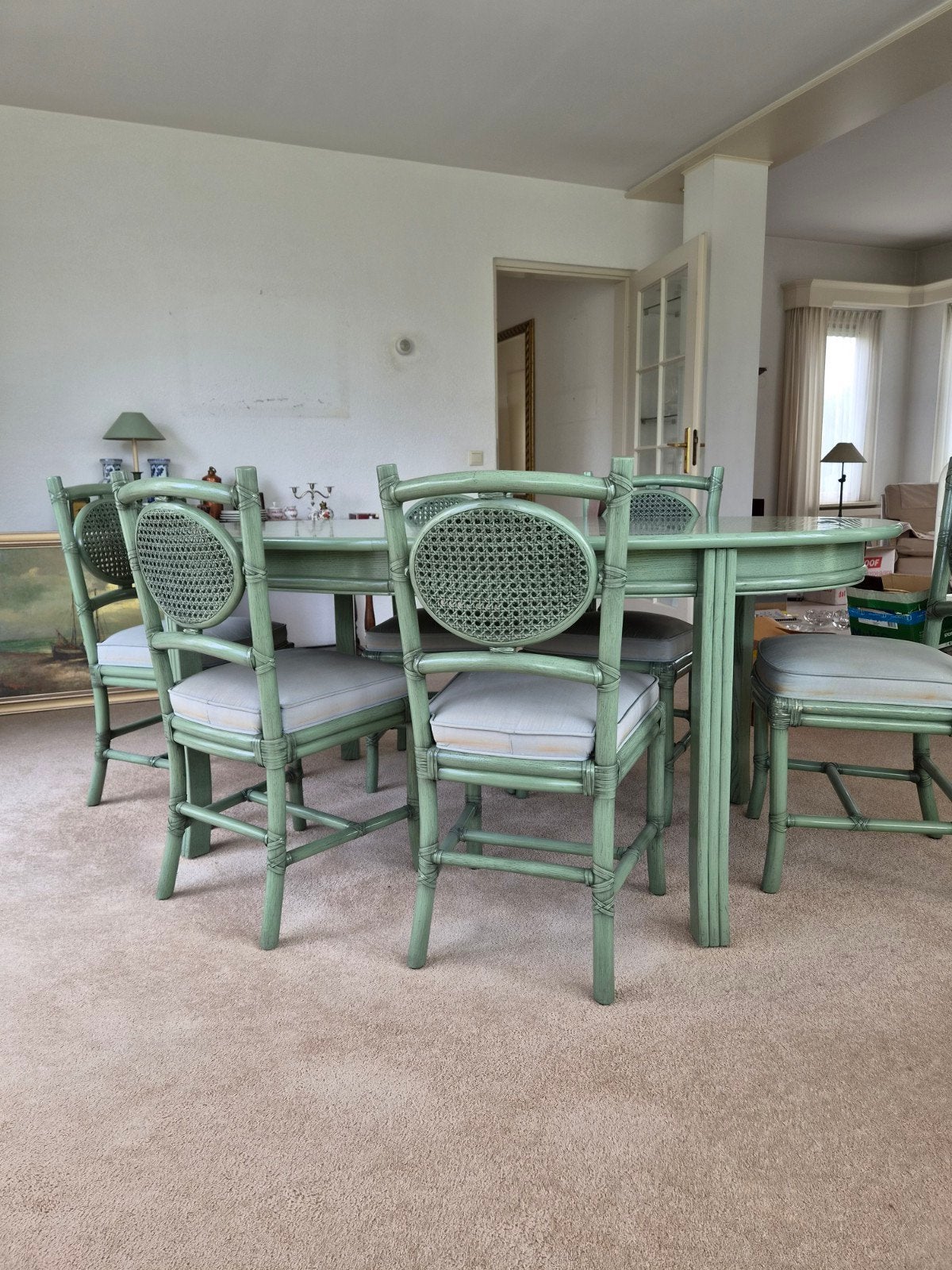 Ovale eettafel met of zonder 6 stoelen - Groen, Huis en Inrichting, Tafels | Eettafels, Ophalen, Gebruikt, 100 tot 150 cm, Klassiek, landelijk