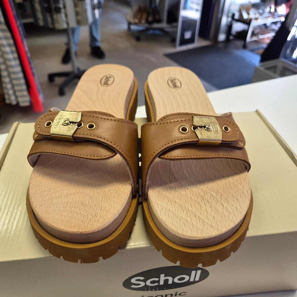 Scholl Iconic Pescura Sarah slippers cognac/camel 37 51957, Info@scholl.com, Scholl, Bruin, Nieuw