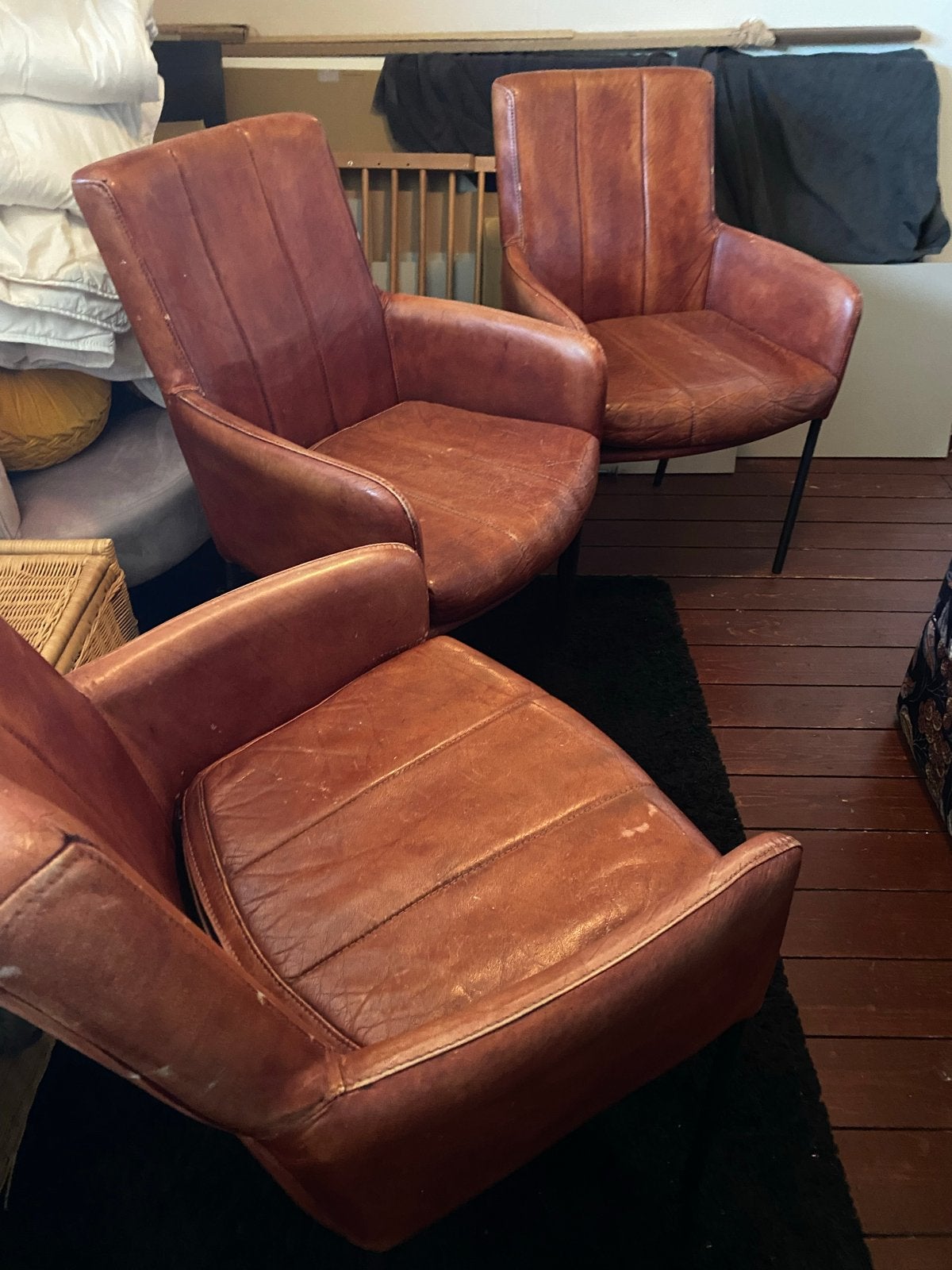 4 lederen stoelen met stoere uitstraling, Gebruikt, Bruin, Leer, Ophalen of Verzenden