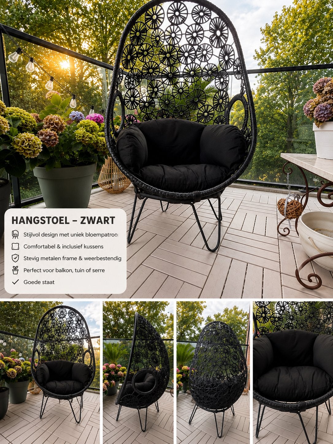 Zwarte Hangstoel met Bloemmotief en Kussens, Ophalen, Gebruikt, Metaal